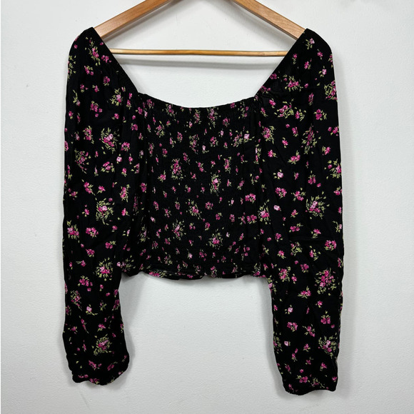 VERO MODA Anna Long Sleeve Crop Top in Black Aop Daisy Size XL - Picture 3 of 9